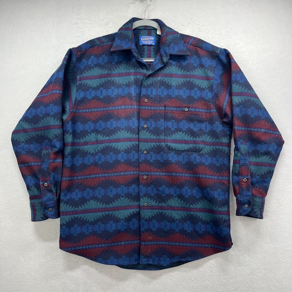 Pendleton Shirt Mens Small Wool Blue Flannel Aztec‎ Southwestern Native VTG USA